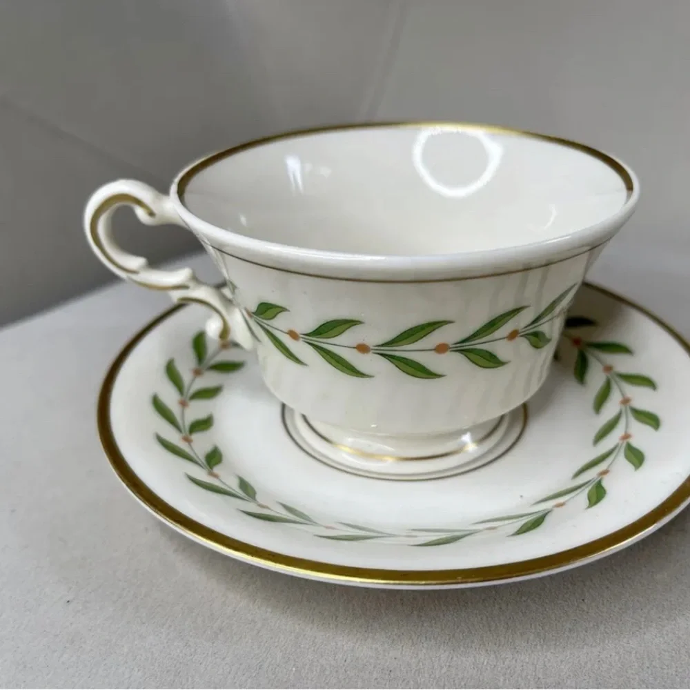 Vintage Old Ivory Syracuse China OPCO Cup & Saucer Green Laurels USA Made